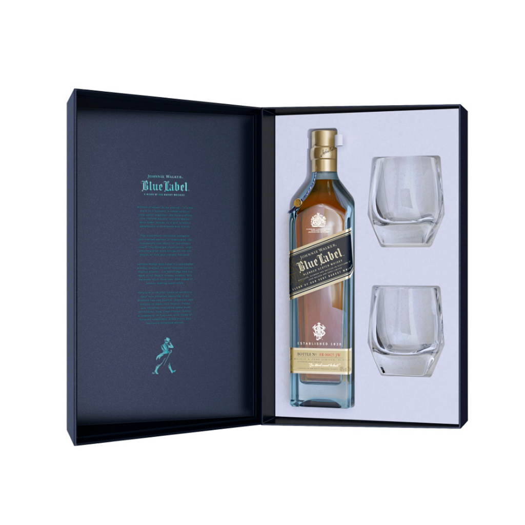 JOHNNIE WALKER BLUE LABEL WITH 2 CRYSTAL GLASS